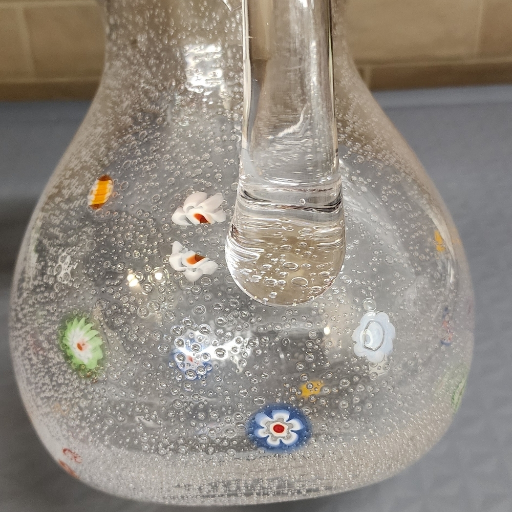 Hand blown clear bubble glass pitcher with flowers 9" beautiful flared top - Picture 4 of 11